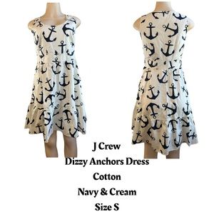 J Crew Dizzy Anchors Dress 100% Cotton Navy Cream Fitted Full Skirt Size 2